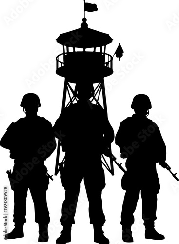 Soldiers and guard tower isolated on white