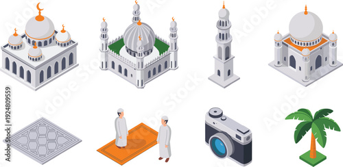 Isometric Islamic architecture set with mosque minaret prayer mat Muslim people camera and palm tree vector illustration
