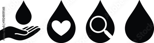 A series of four black droplet icons with various symbols inside on a white background.