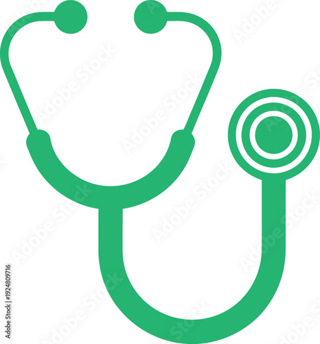 A simple green stethoscope icon on a white background represents medical professionals and healthcare services.