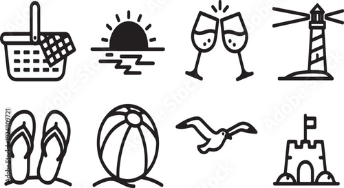 A collection of icons representing various summer vacation activities and items Vector