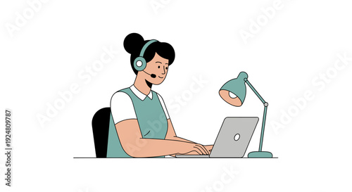 Woman in headset typing on laptop with desk lamp
