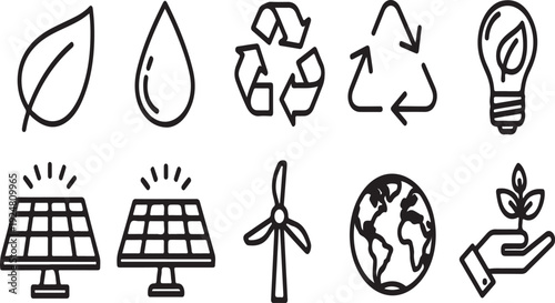Illustrations representing various aspects of environmental sustainability and renewable energy Vector