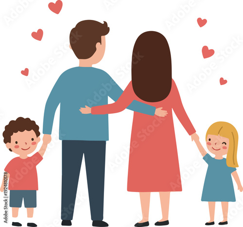 Happy Family Parents Two Children Embrace Hearts Cartoon Style