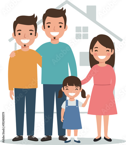 Happy Family Standing Together In Front Of A House Flat Illustration