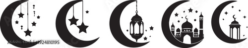 A horizontal line displays five distinct black and white crescent moon and star motif variations for diverse design uses.