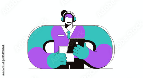 Customer service agent with headset holding tablet