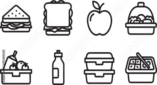 Assorted food items and containers displayed in a grid layout Vector