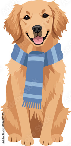 Happy Golden Retriever Dog Wearing Blue Scarf Isolated