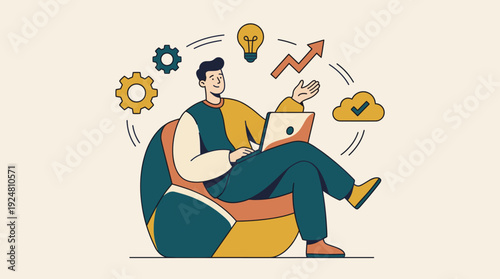 Man on bean bag chair working on laptop with business icons