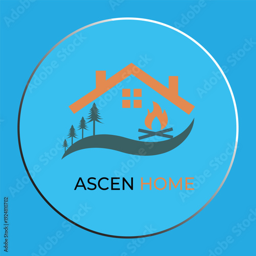 ASCEN HOME logo design with house roof, pine trees, and campfire icon on blue background