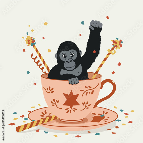 Gorilla in Tea Cup Celebration with Confetti and Party Wands Lighthearted Fun