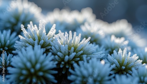 Close up of frosted plant details with delicate ice crystals sparkling in bright cool morning sunlight creating a