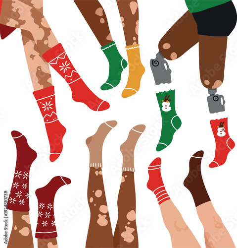 Diverse Legs Christmas Socks Diverse Skin Tones White Background