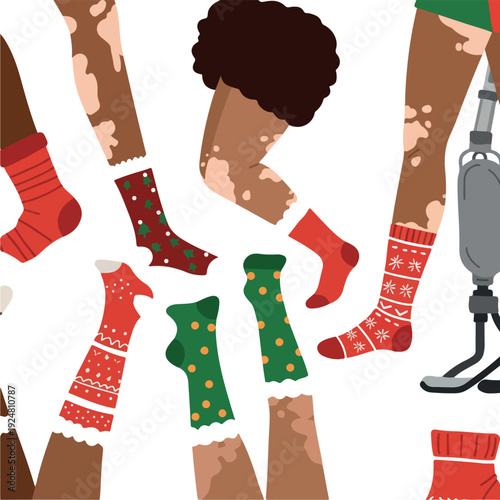Diverse Legs Pattern With Christmas Socks Vitiligo Legs and Prosthetic Leg