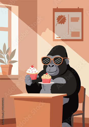 Gorilla Wearing Sunglasses Enjoys Cupcakes With Sunlight Rays On A Warm Day