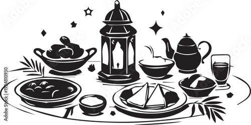 A black and white illustration displays an abundant Iftar table spread with various dishes, dates, a teapot, a lantern, and crescent moon elements.