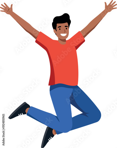 Happy Man Jumping Joyfully Red T-shirt Blue Jeans Isolated White Background