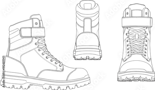 Flat vector illustration of tactical combat boots with strap and laces, front back and side view military footwear outline