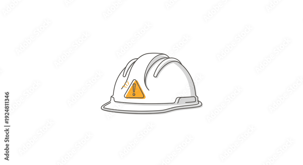 Fototapeta premium White hard hat with yellow warning triangle symbol, safety equipment for construction and industry