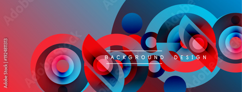 Abstract colorful circles overlap creating dynamic background. Gradient shades blend, forming modern design elements. Visuals suggest energy, movement.