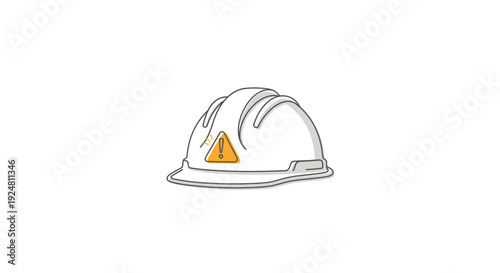 White hard hat with yellow warning triangle symbol, safety equipment for construction and industry