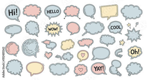 Collection of various speech bubbles with different messages and designs for communication.