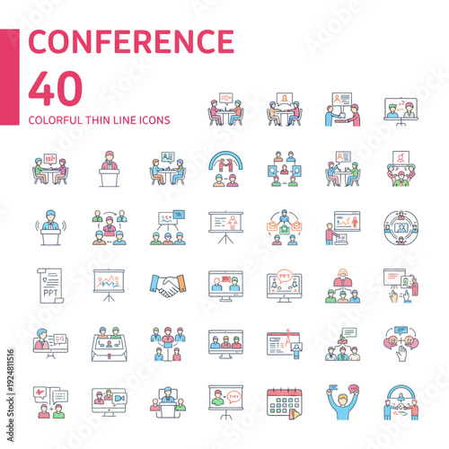 Collection of colorful thin line icons representing conference and meeting scenes from various viewpoints