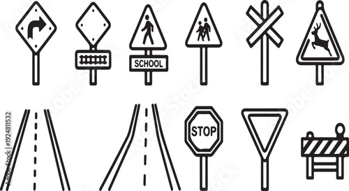 A collection of various road signs and traffic indicators for drivers to follow Vector