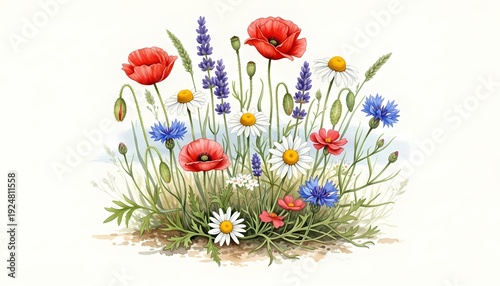 Watercolor Wildflower Bouquet with Poppies, Daisies and Lavender