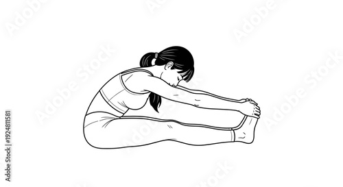 Woman doing seated forward bend yoga pose, stretching hamstrings and spine