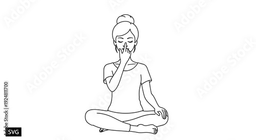 Woman practicing alternate nostril breathing (Nadi Shodhana) in lotus pose, yoga illustration