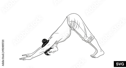 Woman practicing Downward-Facing Dog yoga pose, illustration, black and white