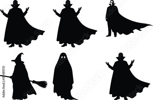 Six silhouettes of witches in various magical poses and attire