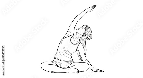 Woman practicing yoga side bend pose, seated, stretching, healthy lifestyle, line art