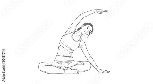Woman practicing yoga side bend stretch in lotus pose, line art illustration