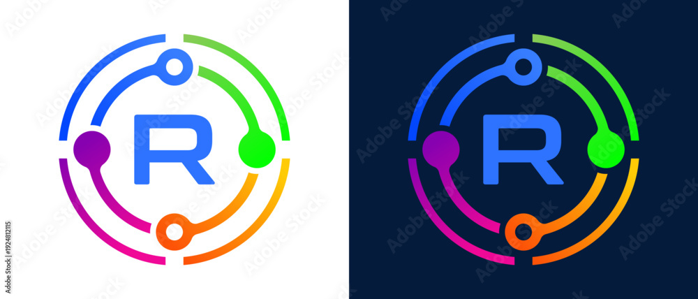 Obraz premium Modern letter “R” logo with colorful circular connection elements, representing digital technology, network connectivity, innovation, and smart systems.