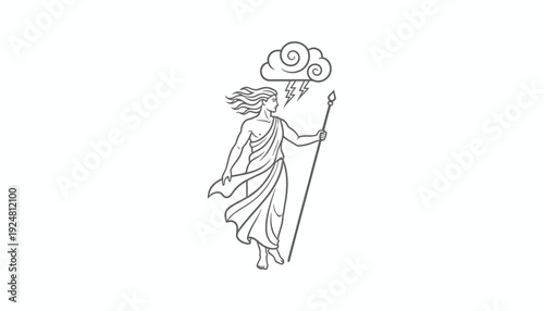 Zeus, Greek God of Sky and Thunder, Holding Lightning Bolt and Staff