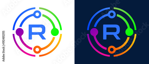 Modern letter “R” logo with colorful circular connection elements, representing digital technology, network connectivity, innovation, and smart systems.