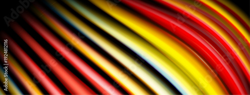 Abstract lines curve, creating vibrant color spectrum. Bright reds, yellows dominate dark background. Dynamic energy radiates from composition.