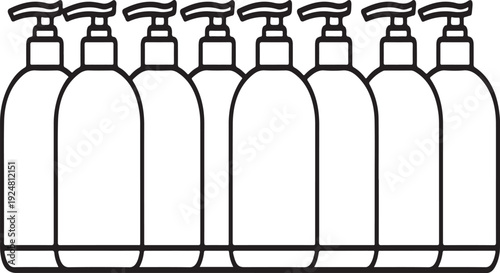 Six identical hand sanitizer bottles lined up in a row. Vector