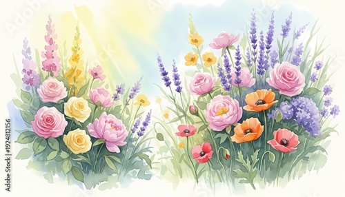 Watercolor Garden Flower Arrangement with Roses, Lavender and Poppies