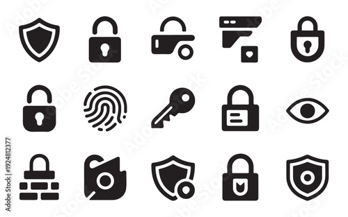 Digital Security, Privacy, and Protection Solid Glyphs Icon Set