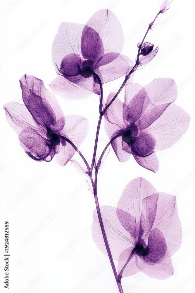 Obraz premium Transparent orchid purple flower floral xray delicate petal botanical art minimal design fine line white background nature detail elegant bloom graceful transparent orchid purple flower floral