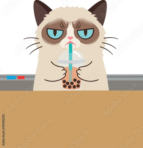 Grumpy Cat Sips Boba Tea Vector Flat Design with Minimalist Background