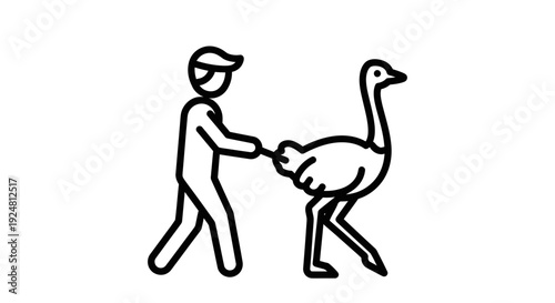 Man walking an ostrich on a leash, funny animal concept, line art icon