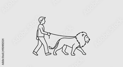Man Walking Lion on Leash - Bold Concept of Control and Danger