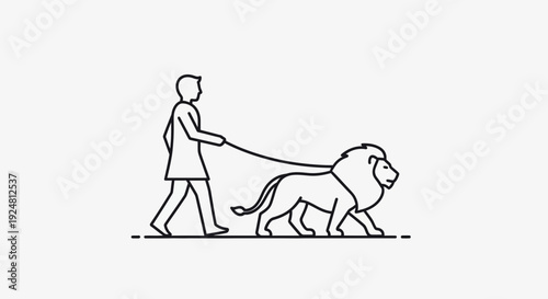 Man Walking Lion on Leash, Symbolizing Control, Power, and Unusual Companionship