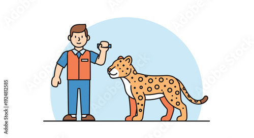Man with leopard on leash, zoo keeper or trainer, cartoon style