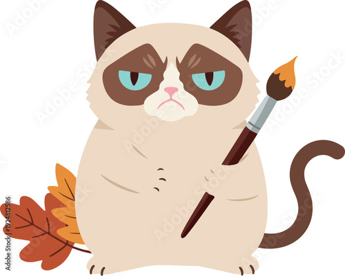 Grumpy Cat with Paintbrush and Autumn Leaves Flat Design Vector